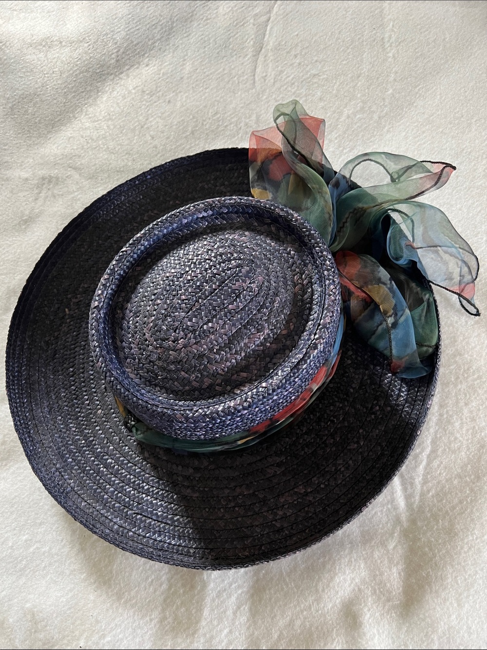 Women’s Navy Woven Straw Hat with Multicolor Chiffon Bow